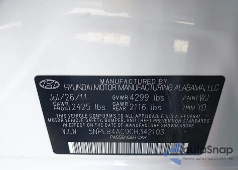 2012 Hyundai Sonata Gls z USA, uszkodzony, nr VIN 5NPEB4AC9CH342103
